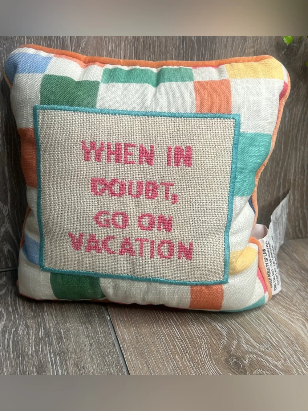 Kirkland’s Colorful Plaid Throw Pillow – “When In Doubt, Go On Vacation”